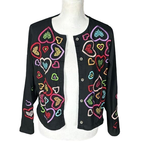 Michael Simon Sweaters - Michael Simon Lite Sweater Size Medium Black Hearts Cardigan Valentine's Artsy